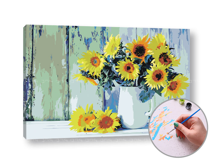 Malen nach Zahlen SONNENBLUMEN IN DER VASE – mittlerer Schwierigkeitsgrad — Bild 1
