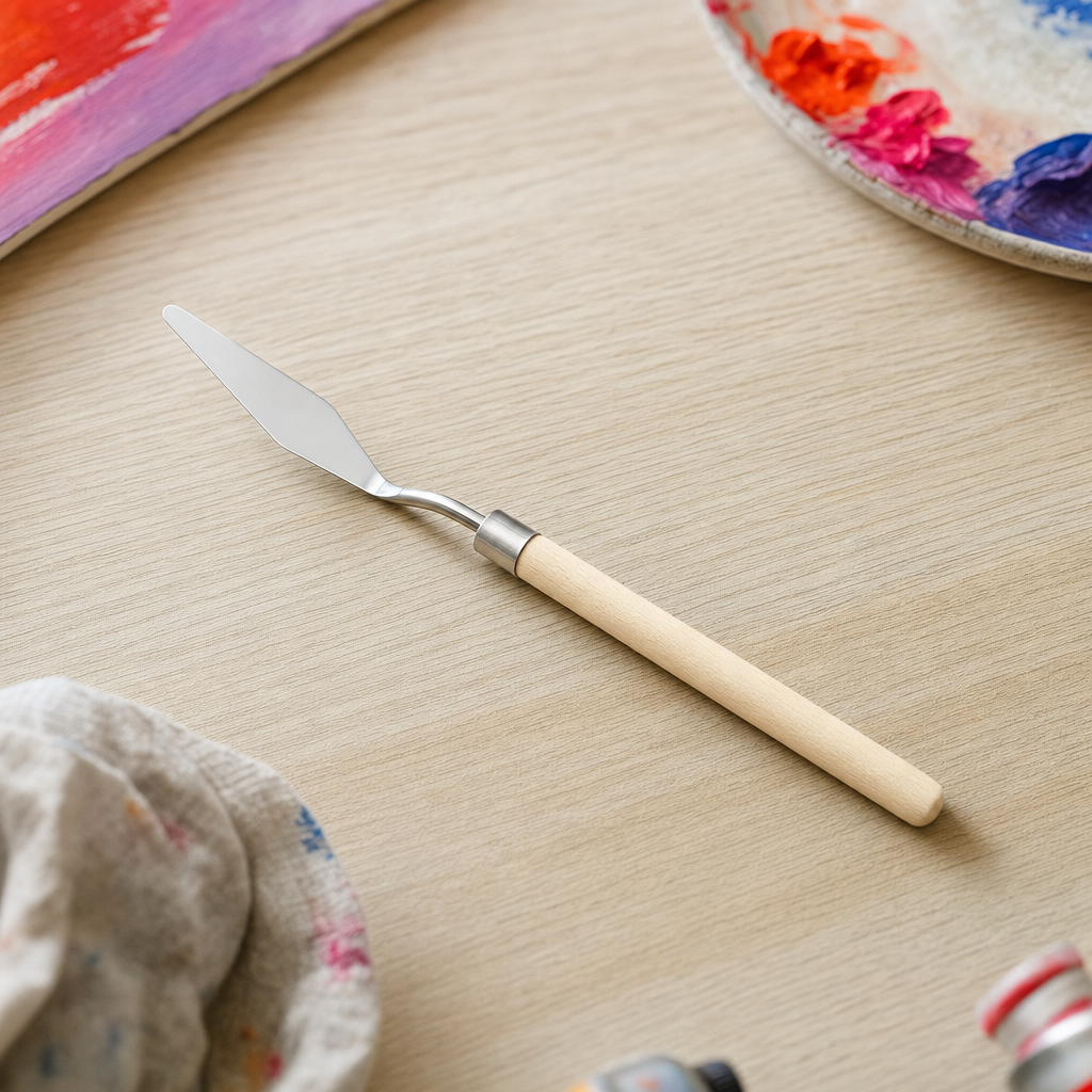 Malspachtel aus Edelstahl mit Holzgriff – Form 3 – schmaler tropfenförmiger Spachtel (17 cm)