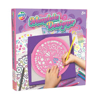 Mandala Designer Set von ARTMIE mit Schablone, 10 Blatt Papier im Format 25x25 cm und Buntstiften.