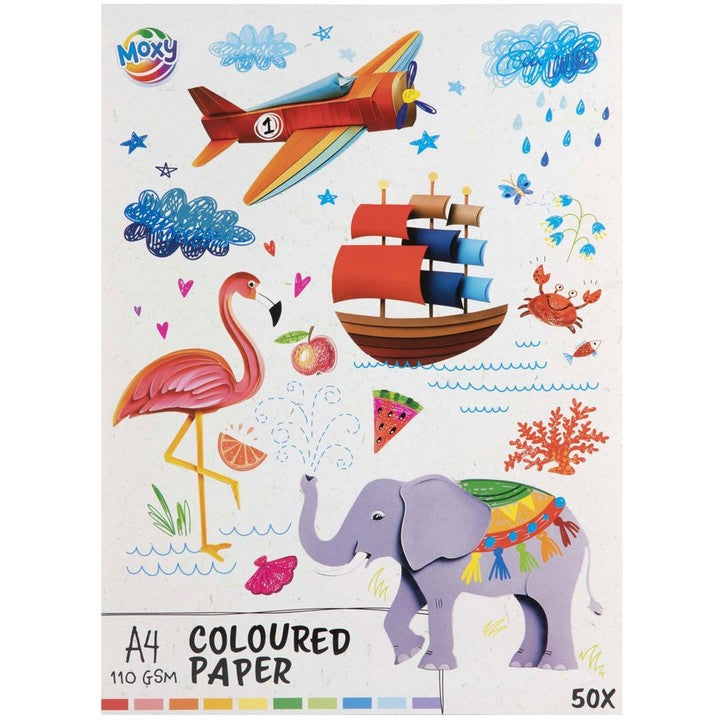 Stapel aus 50 Blatt Moxy Farbigem Papier im A4-Format mit glatter Oberfläche.