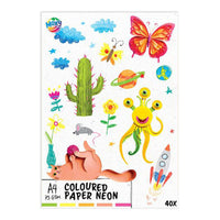 Stapel aus 40 Blatt neonfarbenem Papier im A4-Format in fünf verschiedenen leuchtenden Farben.
