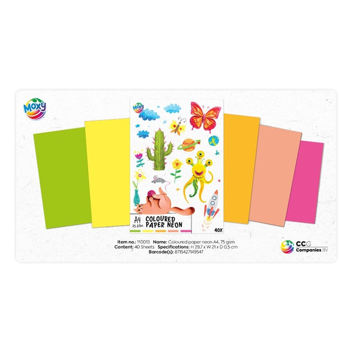 Nahaufnahme der 5 unterschiedlichen Neontöne des 75 g/m² starken Bastelpapiers im A4-Format.