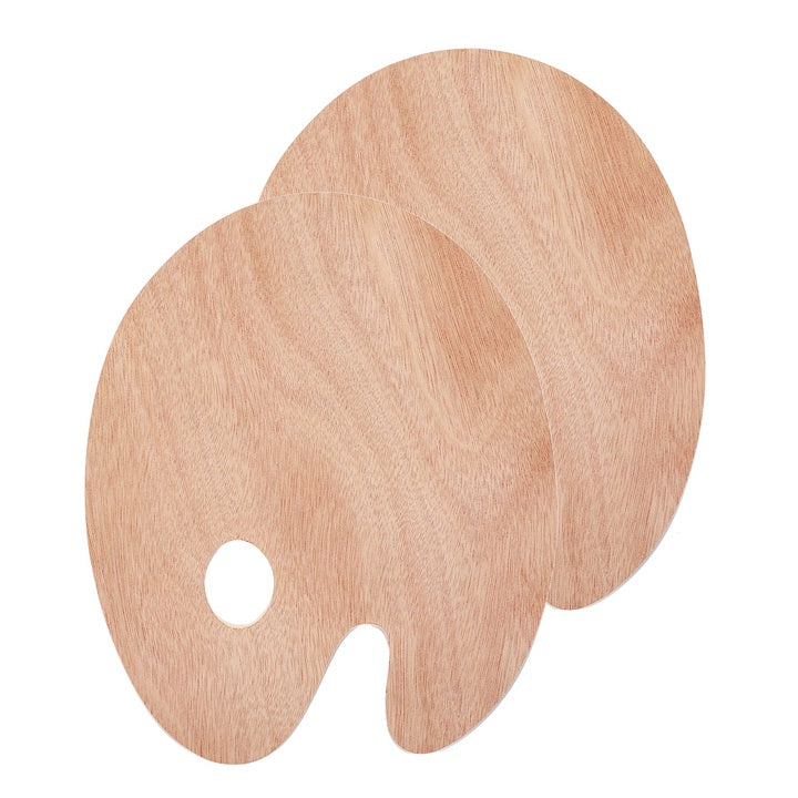 Ovale Holz-Malerpalette mit Daumenöffnung zum Mischen von Farben, in verschiedenen Größen erhältlich.