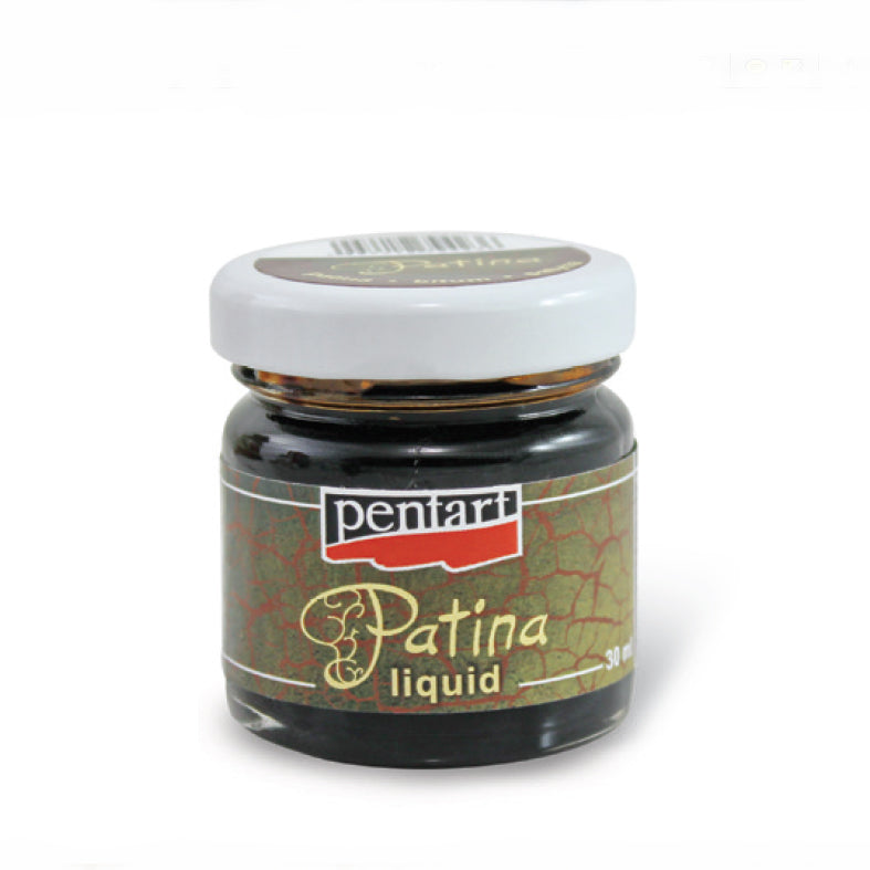 Pentart Antike Patina Bitumen in einer 30-ml-Flasche zur Erzeugung von Alterungseffekten auf Objekten.