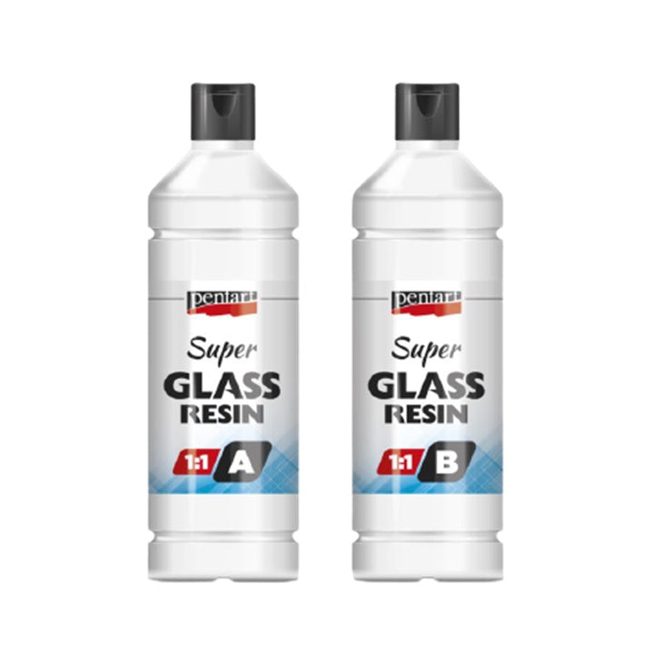 Pentart Super Glass Clear Resin aus zwei Komponenten für transparente, glasartige Gießergebnisse im Verhältnis 1:1.
