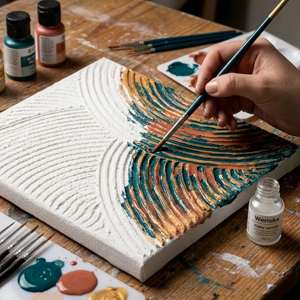 Bemalen des trockenen Reliefs mit Acryl und Finish mit Firnis