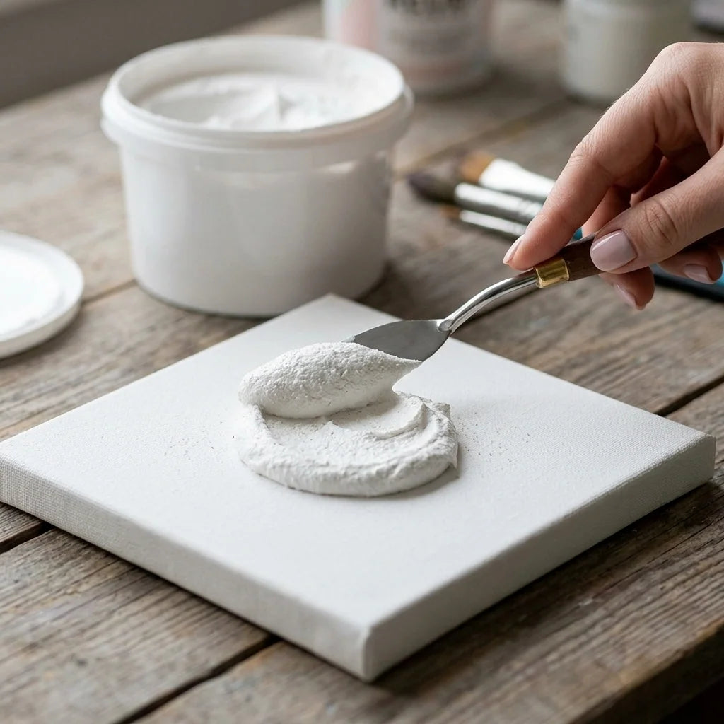 Auftragen der 3D Strukturpaste mit dem Malspachtel auf Leinwand