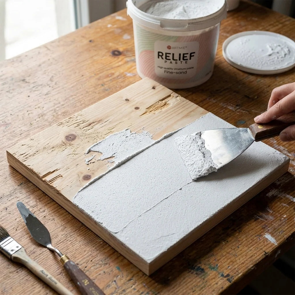 Untergrund glätten mit Reliefpaste — Vorher/Nachher auf einer Holzplatte