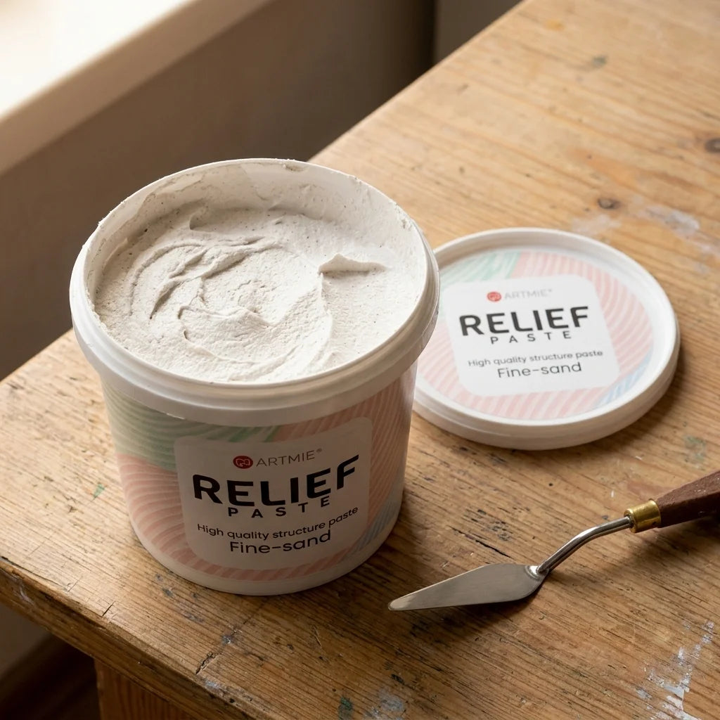 Geöffnete Verpackung der ARTMIE Reliefpaste — sichtbare Sandstruktur der Paste im Inneren