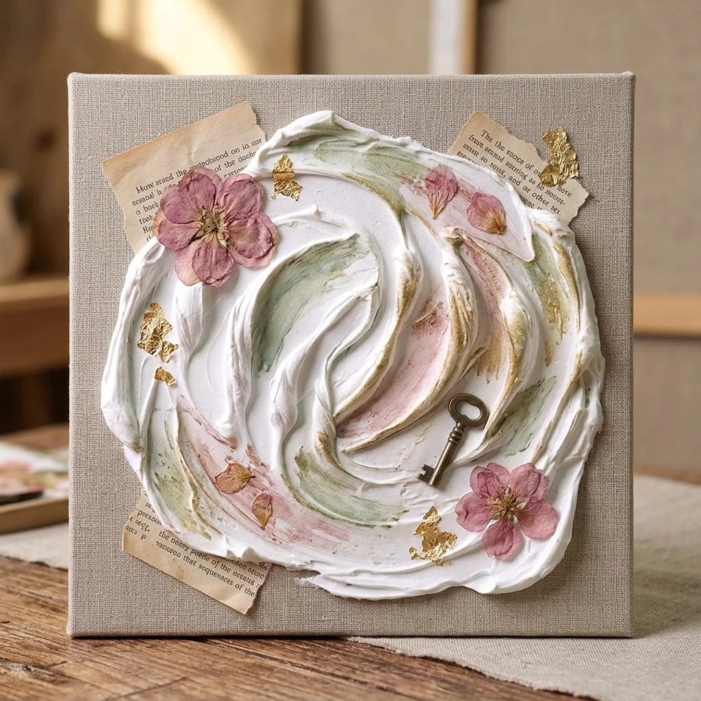 Mixed-Media-Collage mit Butter Paste — Trockenblumen, Vintage-Papier, Messingschlüssel