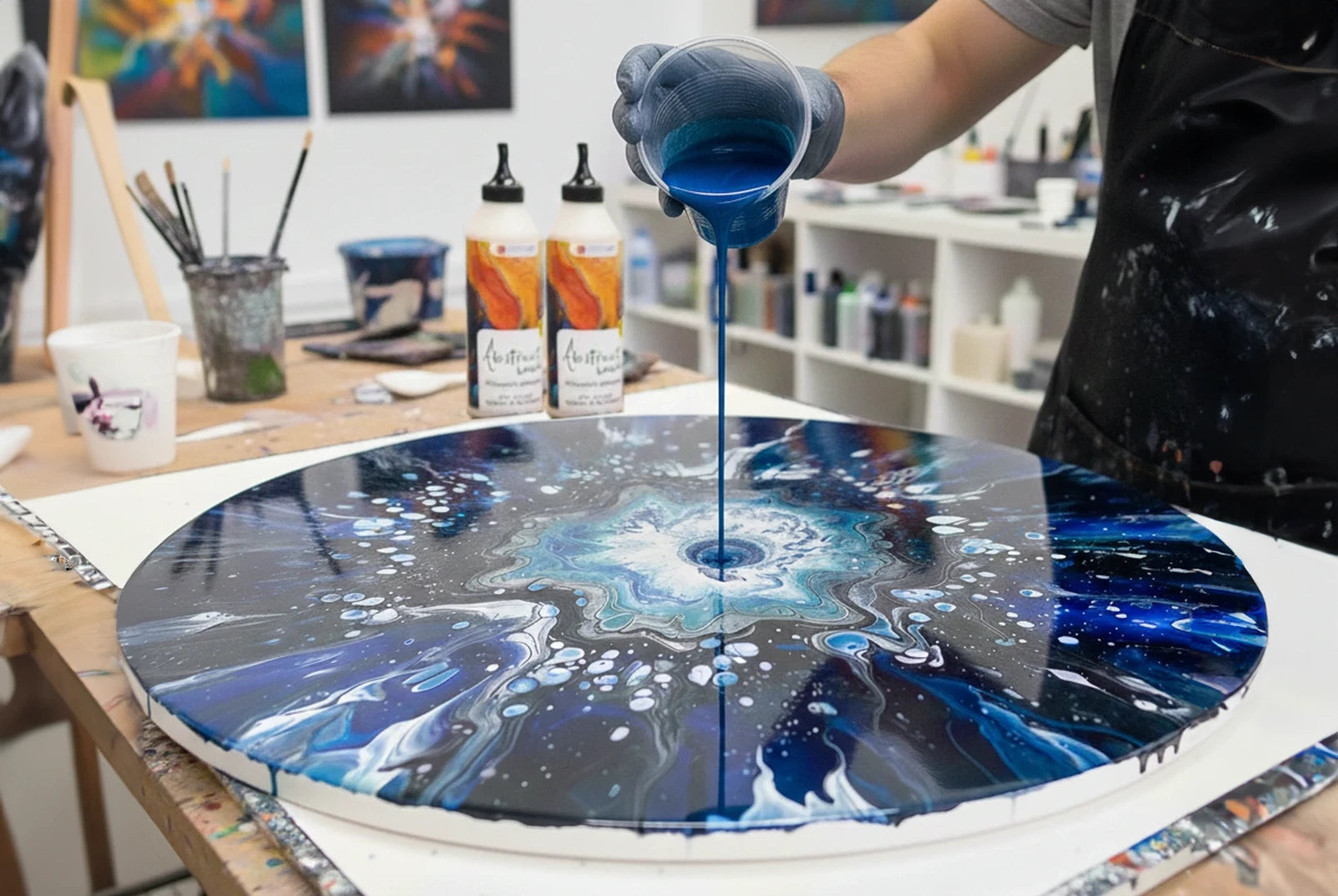 Pouring-Technik auf der runden ARTMIE Leinwand auf Keilrahmen