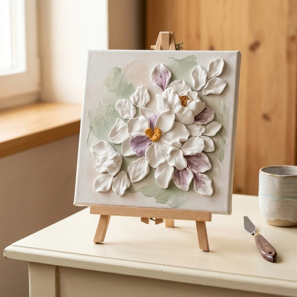 Blumen aus Cloudy Clay, aufgeklebt auf Leinwand — 3D-Reliefbild