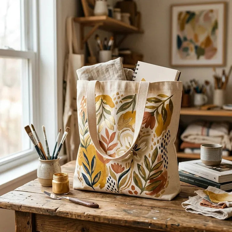 Malen mit Acrylfarben auf Stoff mit goldenem Motiv