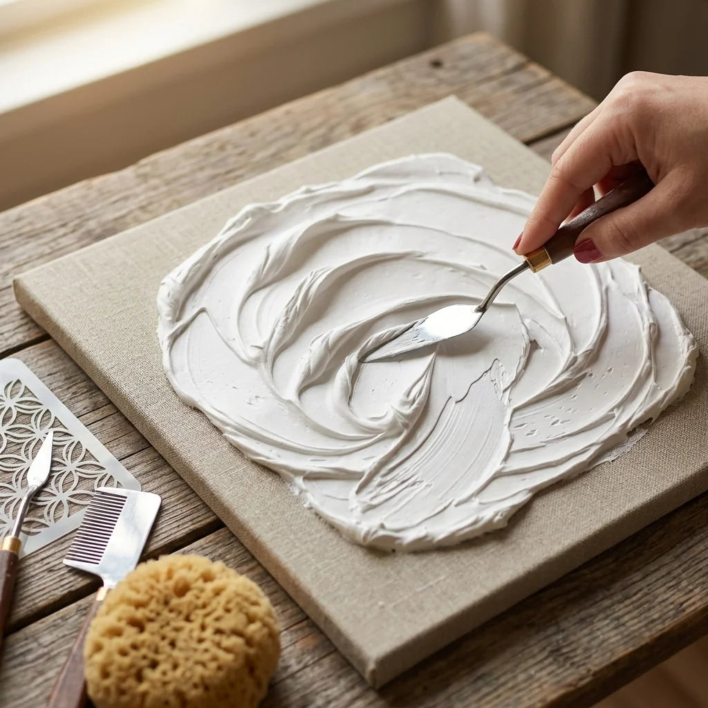 Strukturmodellierung in Butter Paste — Malspachtel, Schwamm, Kamm, Schablone