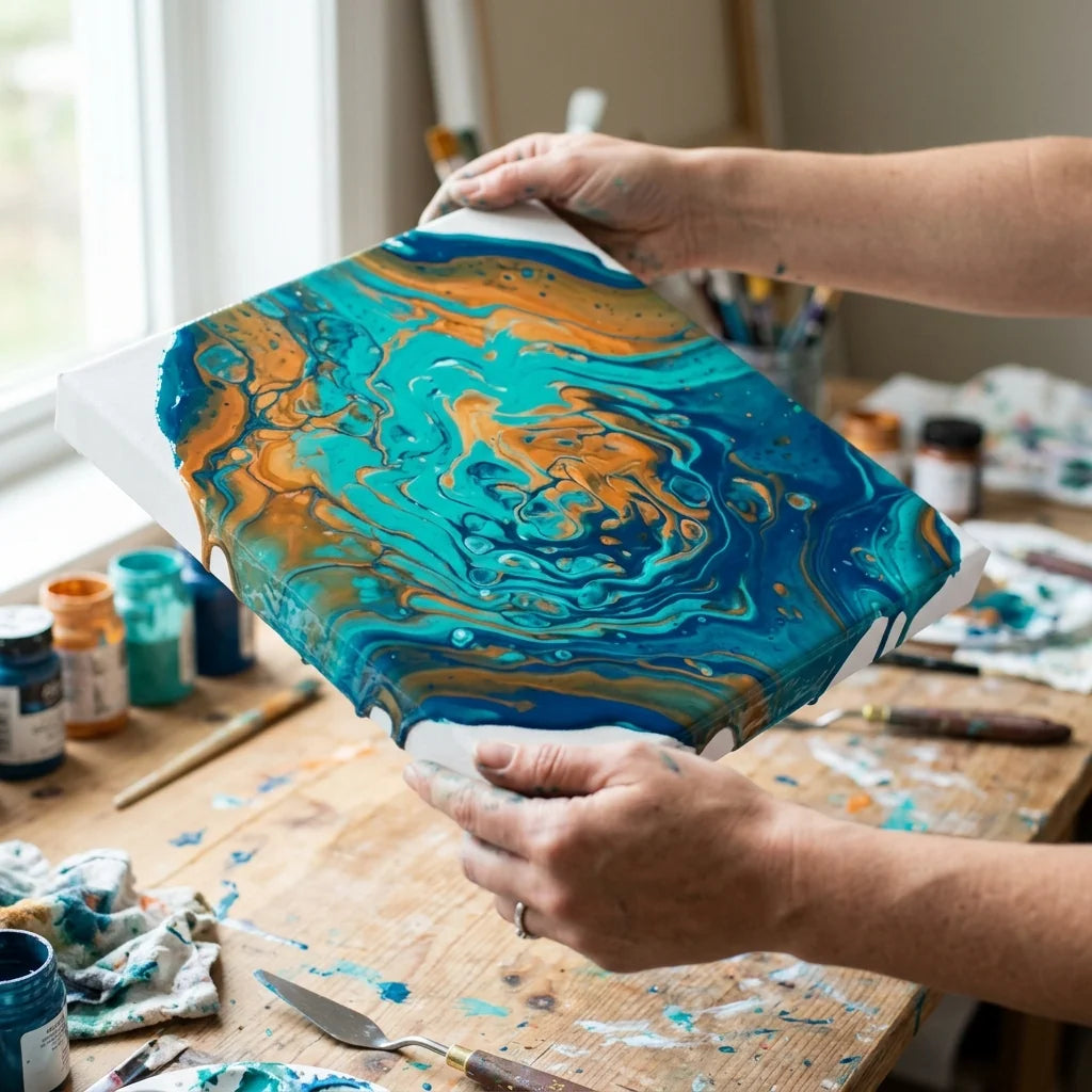 Neigen der Leinwand, um die Farbe zu verteilen