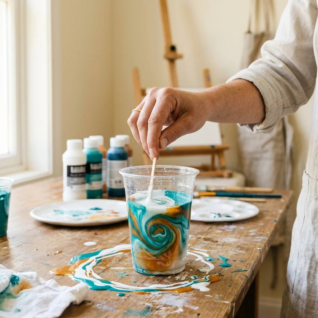Mischen des Mediums mit Acrylfarbe im Becher