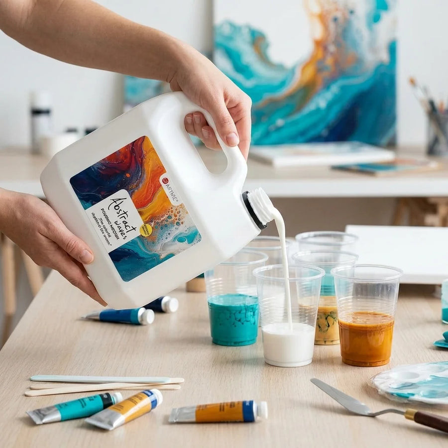 Umfüllen des Pouring-Mediums aus dem Kanister in Becher