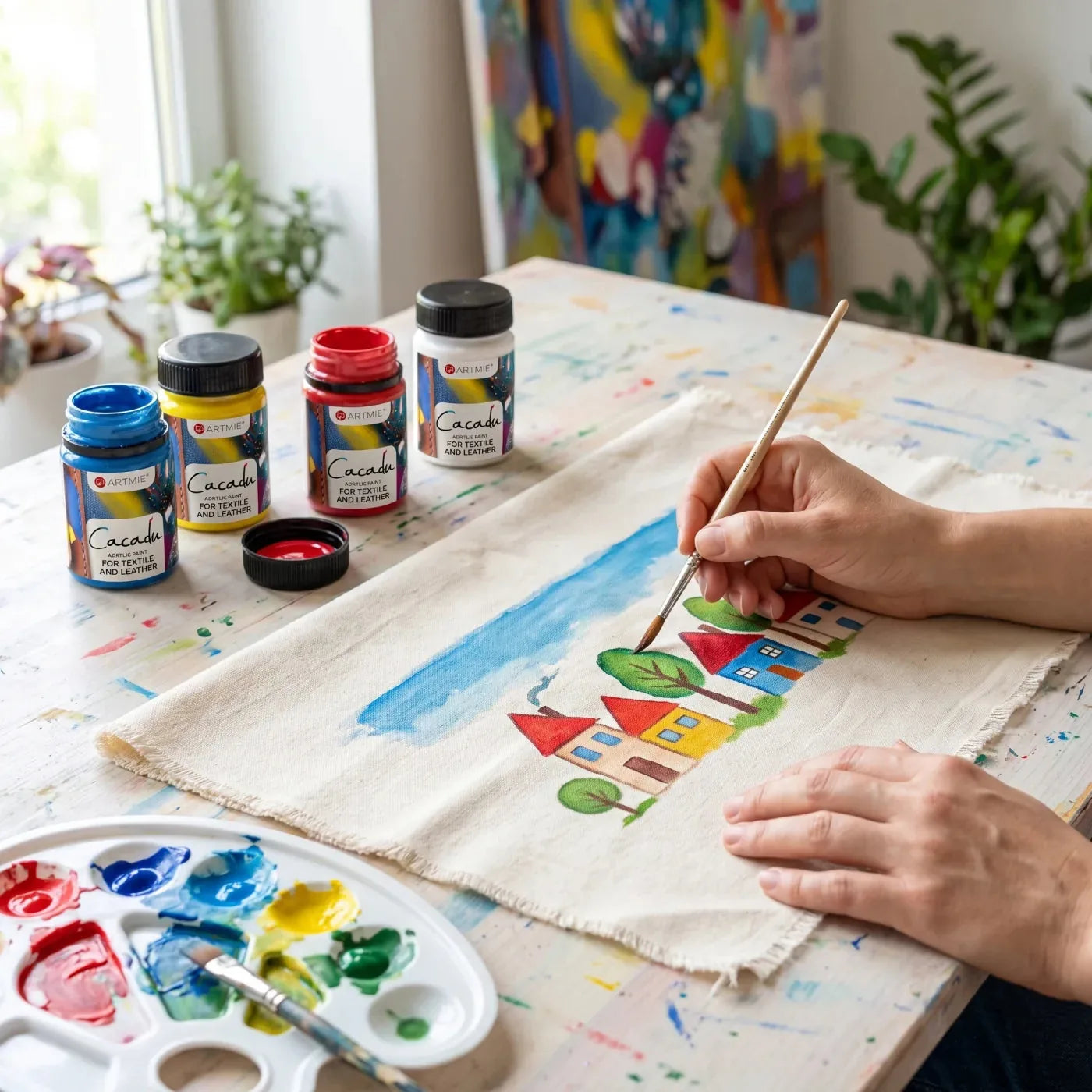 Bunte Häuschen mit Cacadu Farben auf Baumwollstoff gemalt