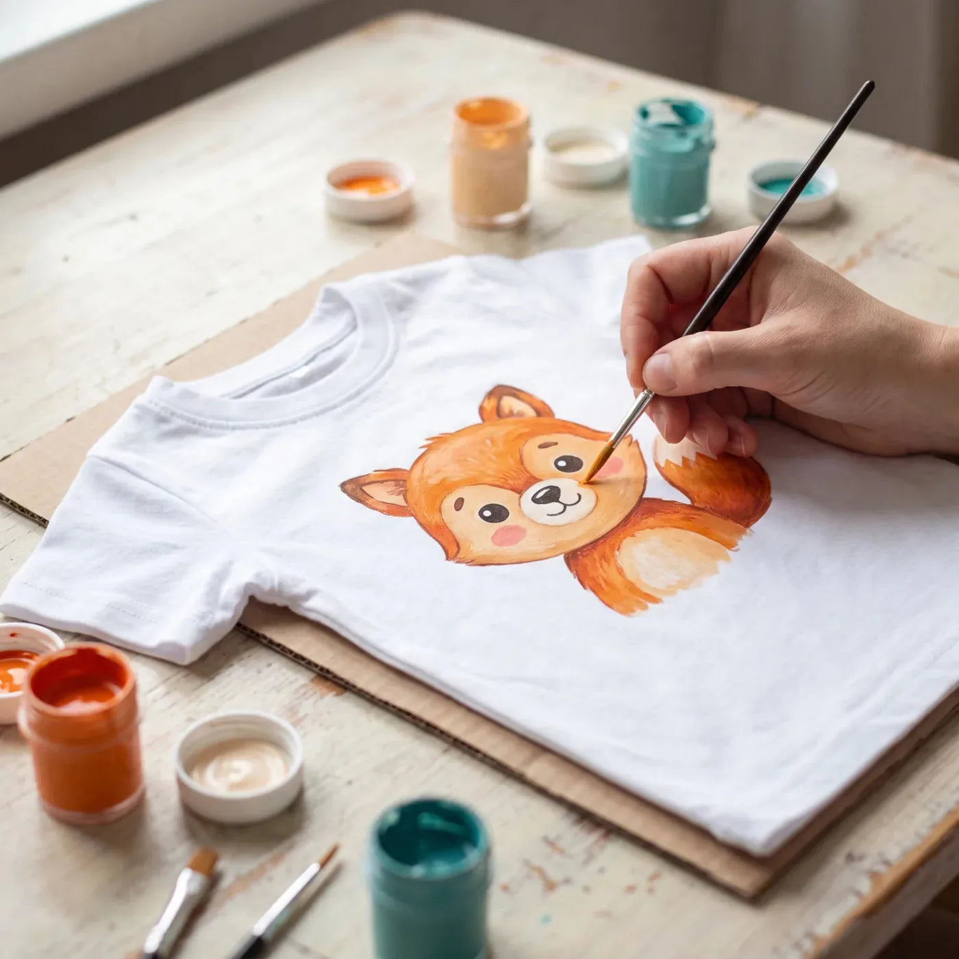 Märchenhafter Fuchs mit Textilfarben auf ein Kindershirt gemalt