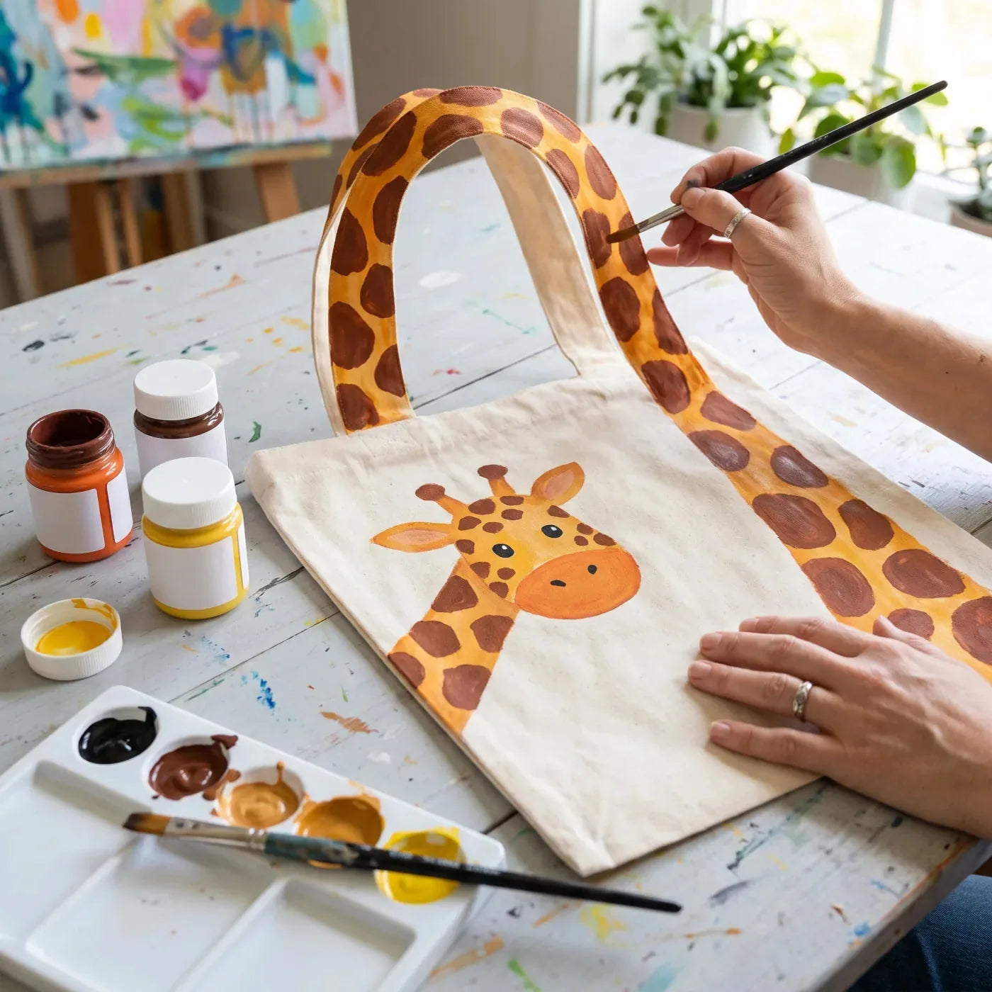 Giraffe mit Textilfarbe auf eine Stofftasche gemalt — der Hals verläuft entlang des Henkels