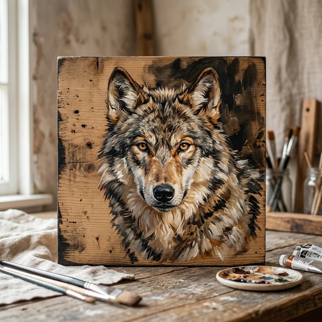 Wolf gemalt mit Acryl auf einem Holzbrett — El Greco