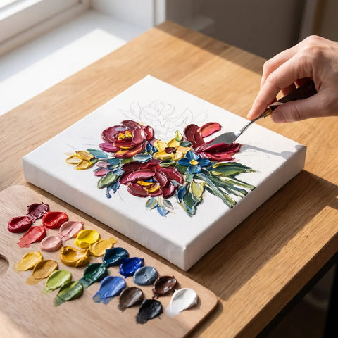 Mit dem Malmesser gemalter Blumenstrauß mit ARTMIE Euforia Acrylfarben