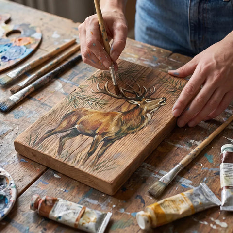 Hirsch mit dem Pinsel und ARTMIE Euforia Acrylfarben auf ein Holzbrett gemalt