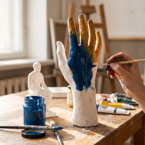 Bemalen eines Gipsabgusses einer Hand mit ARTMIE Euforia Acrylfarbe
