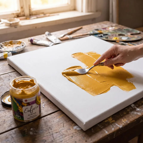 Auftragen von ARTMIE Euforia Acryl mit dem Malmesser auf Leinwand — Impasto-Technik