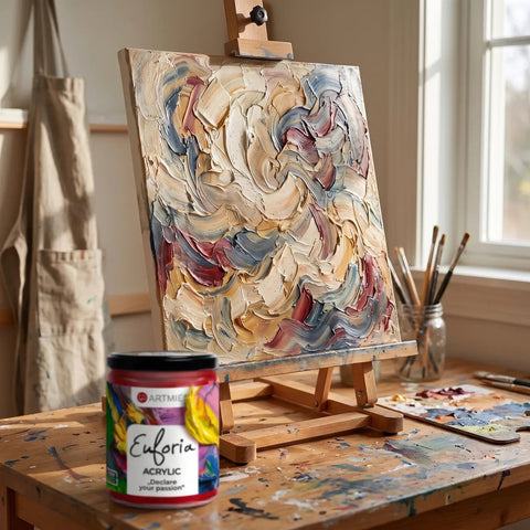 Frisch gemaltes Impasto-Bild mit ARTMIE Euforia Farben trocknet auf der Staffelei