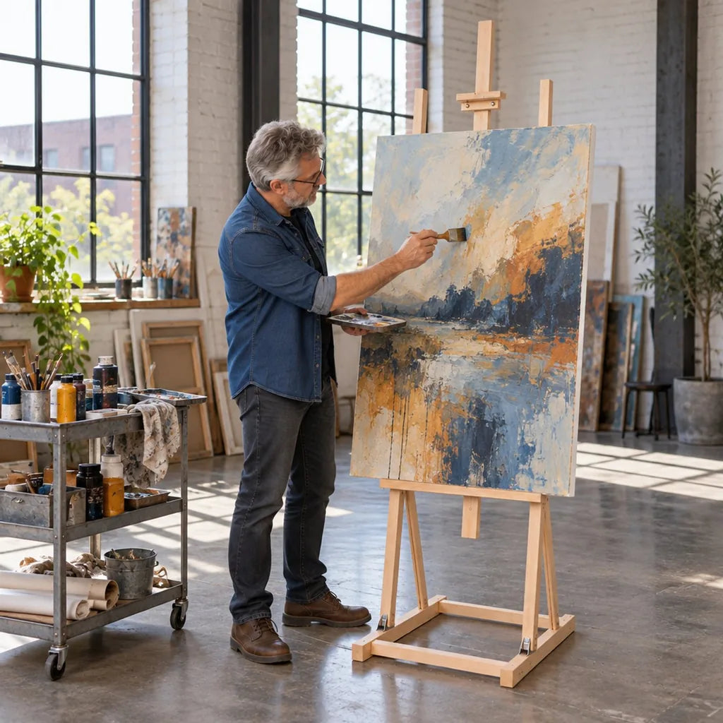 Malerin an der Atelier-Staffelei KING mit großer Leinwand im Atelier zu Hause
