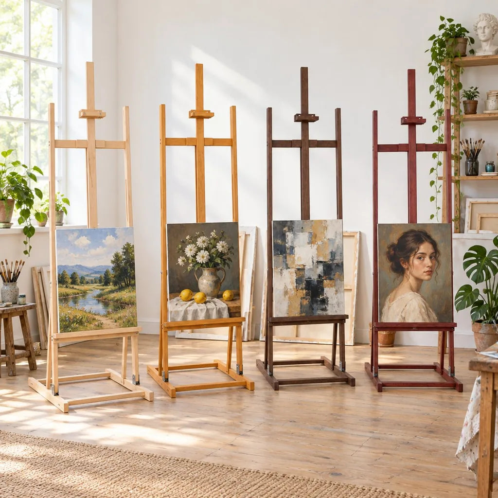 Staffeleien KING in vier Holzfarben nebeneinander im Atelier