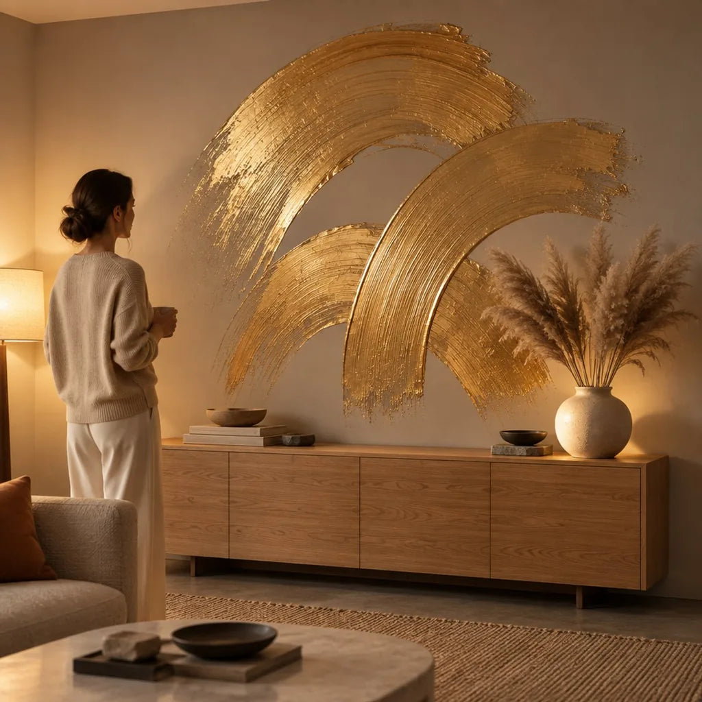 Goldene Bögen aus ARTMIE MIDAS Paste als Wanddekoration im Wohnzimmer