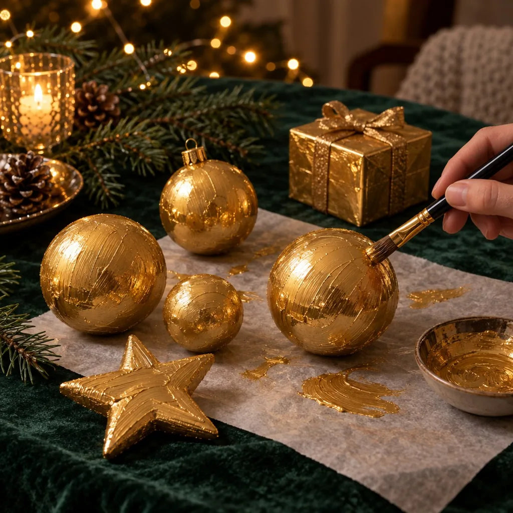 Kugeln und Stern aus Styropor sowie eine Kartonschachtel, bemalt mit goldener ARTMIE MIDAS Paste