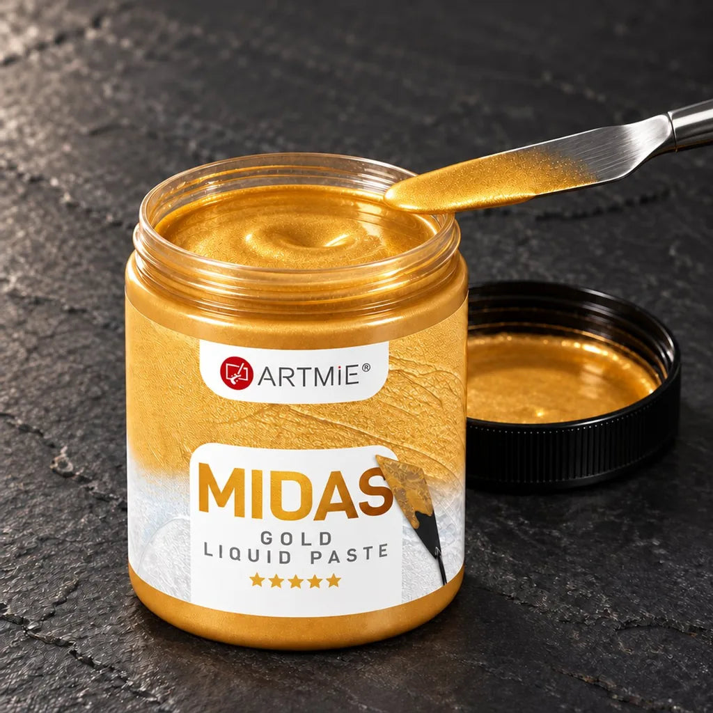 Geöffneter ARTMIE MIDAS Tiegel — goldene flüssige Metallic-Paste mit sichtbarem Glanz