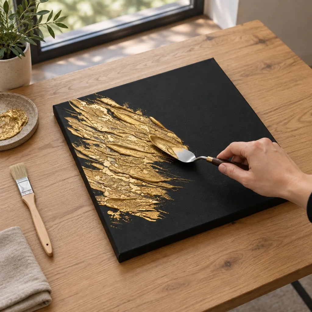 Auftragen der flüssigen goldenen ARTMIE MIDAS Paste mit der Spachtel auf schwarze Leinwand