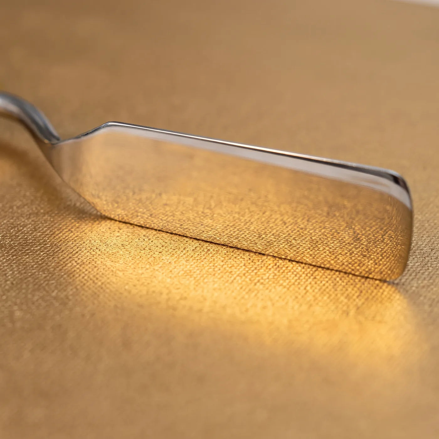 Stahlspachtel auf der goldenen MIDAS-Leinwand — die metallische Oberfläche spiegelt sich in der Klinge, unter dem Pigment ist das Baumwollgewebe zu sehen