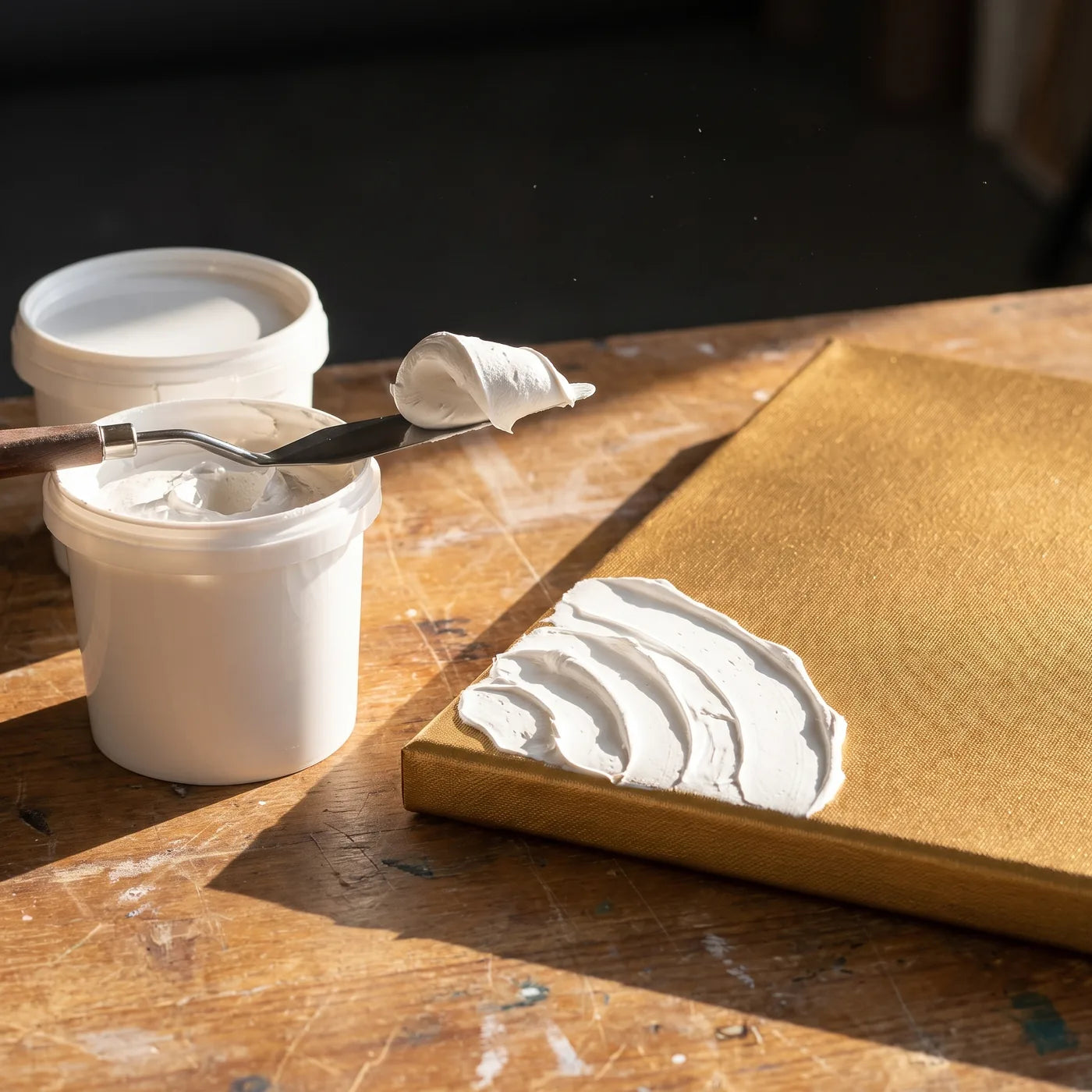 Weiße 3D-Reliefpaste ARTMIE und ein Spachtel neben der goldenen MIDAS-Leinwand