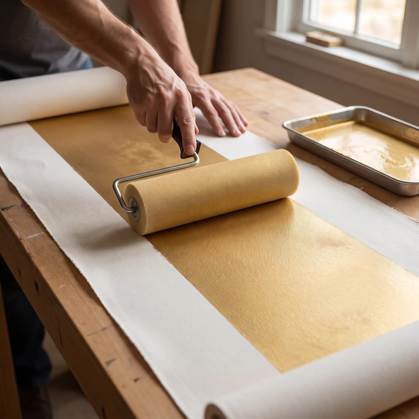 Auftragen der goldenen Grundierung auf Baumwollstoff von der Rolle