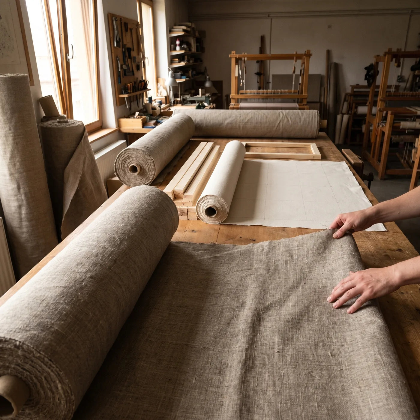 Rollen rohen Leinens in der Werkstatt — Material für MUSEAL-Leinwände