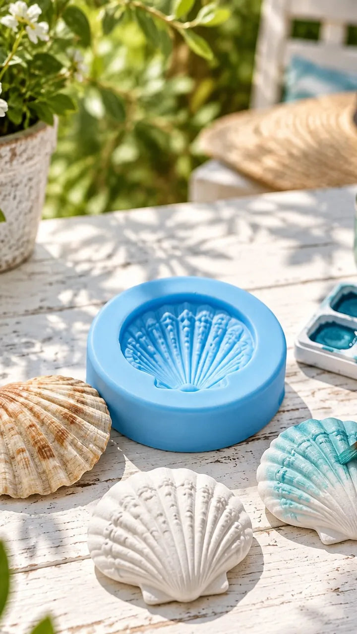 Muschel, die daraus abgeformte blaue Silikonform und mit Aquarell bemalte Gipsmuscheln auf einem Gartentisch