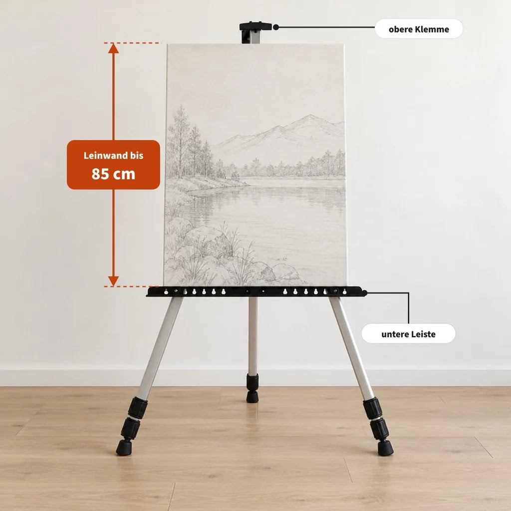 Leinwand bis 85 cm Höhe in den verstellbaren Halterungen der Staffelei Royal ALUMINIUM