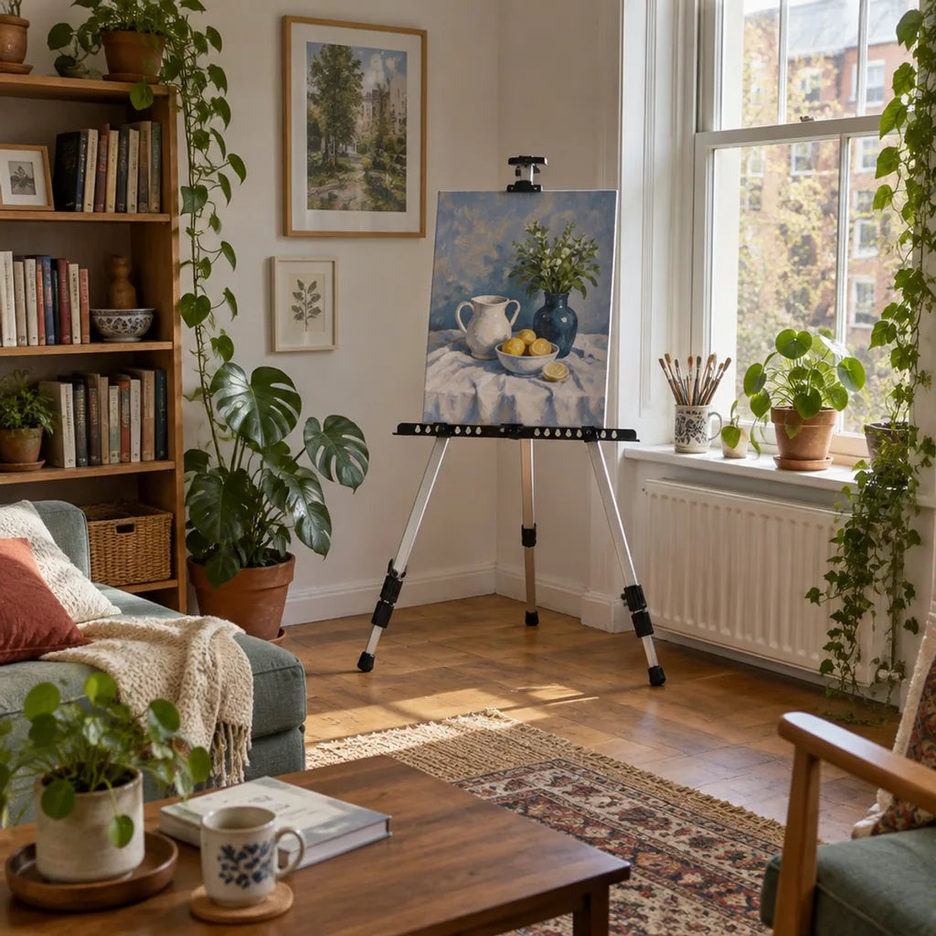 Aluminium-Staffelei Royal ALUMINIUM im Wohnzimmer am Fenster
