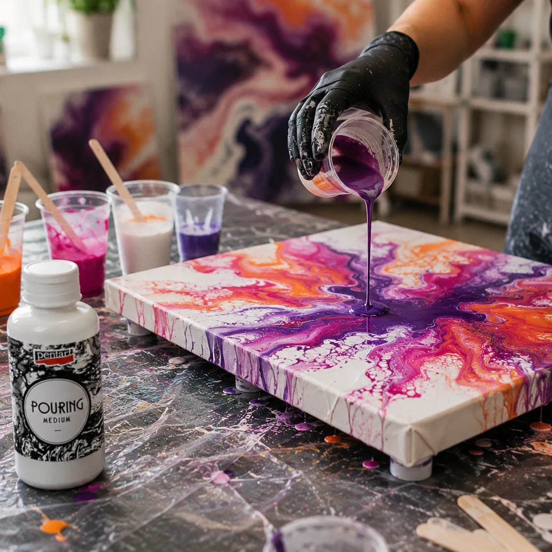 Gießen von Acrylfarbe mit Pentart Medium auf die Leinwand