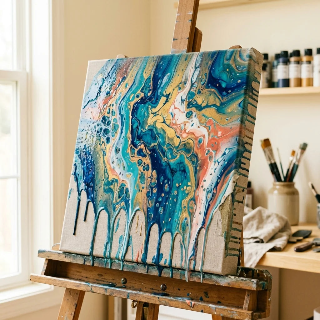 Pouring, das über die Kanten der Malleinwand läuft