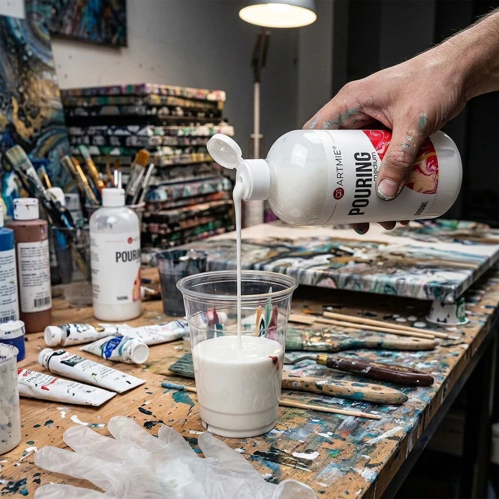 Weißes ARTMIE Pouring-Medium wird aus der 500-ml-Flasche in einen Becher gegossen