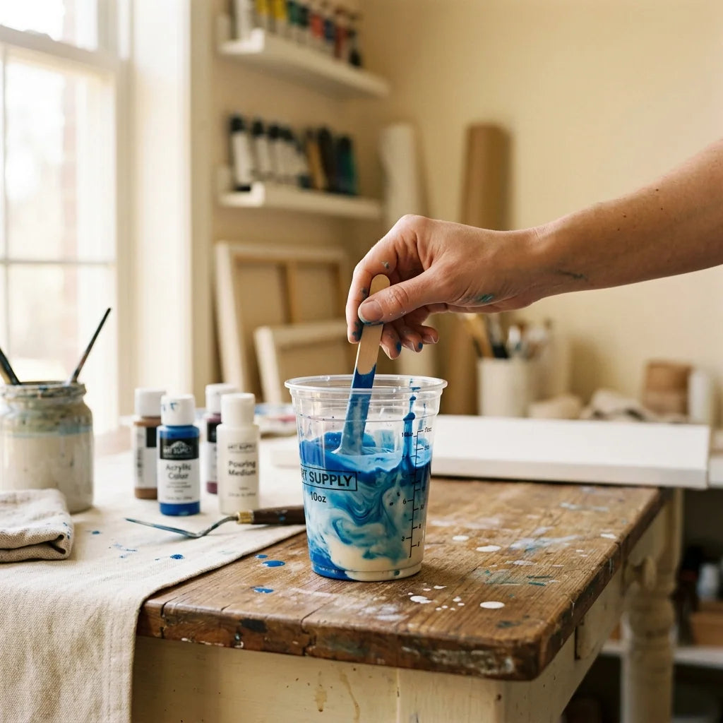 Mischen des Mediums mit Acrylfarbe im Becher